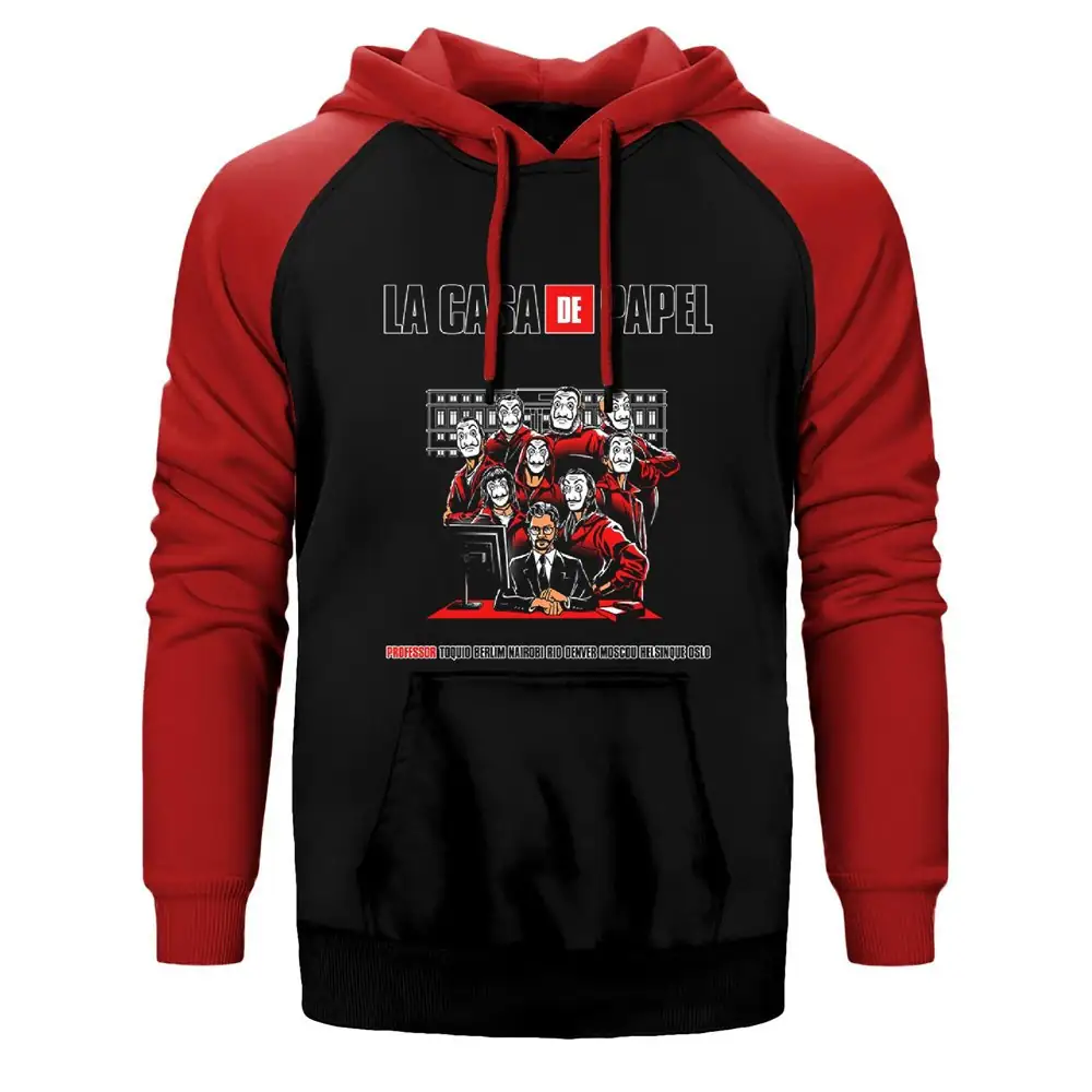 La Casa de Papel Team Double Color Raglan Sleeve Red Hoodie Sweatshirt