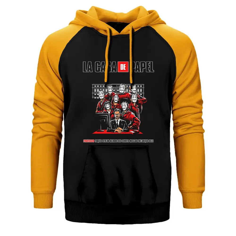 La Casa de Papel Team Double Color Raglan Sleeve Yellow Hoodie Sweatshirt