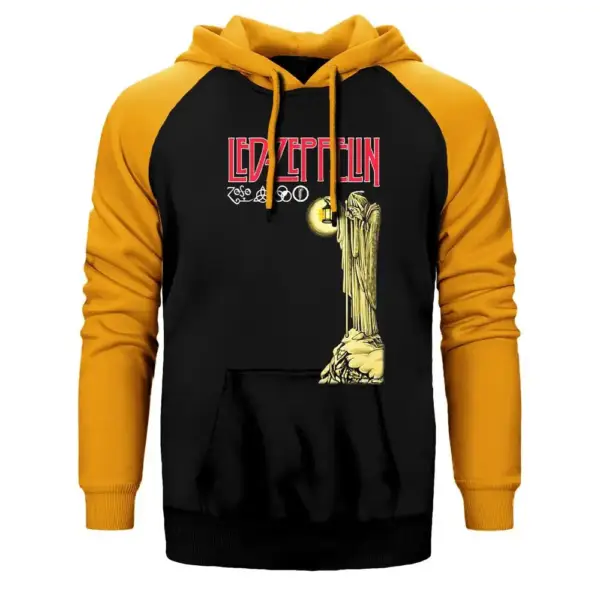 Led Zeppelin Hoodie, Double Color Raglan Sleeve Yellow Sweatshirt
