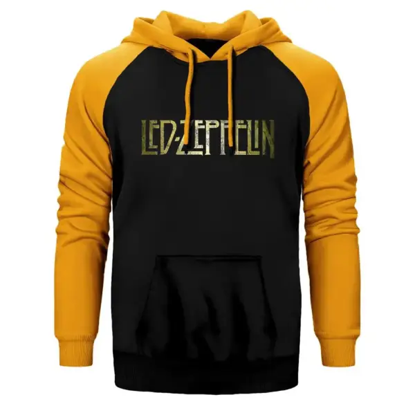 Led Zeppelin Wall Hoodie, Double Color Raglan Sleeve Yellow Sweatshirt