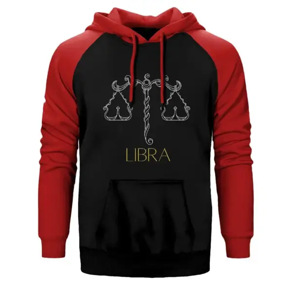 Libra Zodiac Retro Hoodie, Double Color Raglan Sleeve Red Sweatshirt