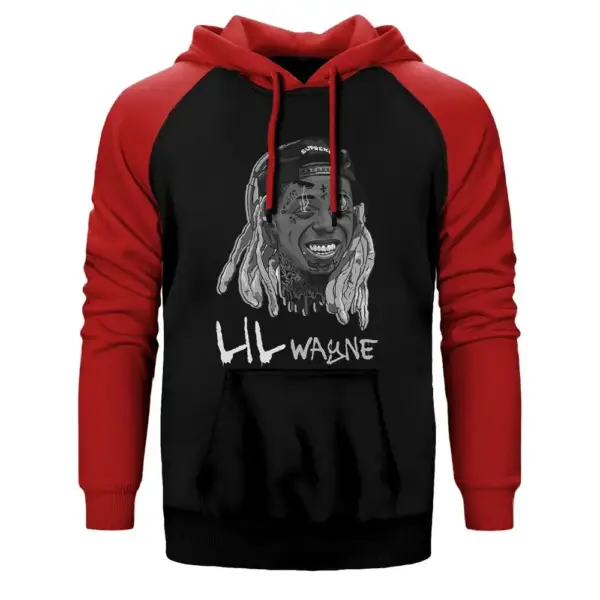Lil Wayne Hoodie, Double Color Raglan Sleeve Red Sweatshirt