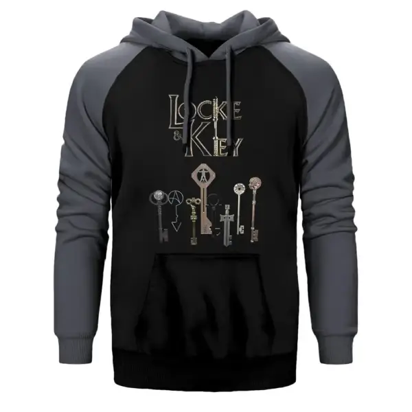 Locke & Key Keys Hoodie, Double Color Raglan Sleeve Gray Sweatshirt