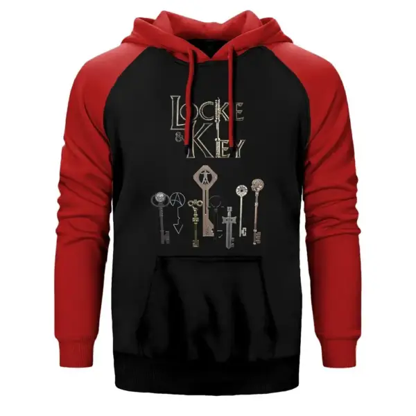 Locke & Key Keys Hoodie, Double Color Raglan Sleeve Red Sweatshirt