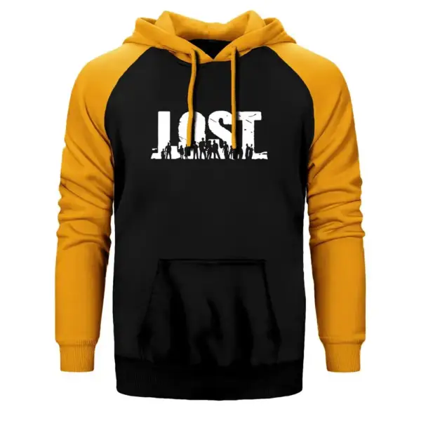 Lost Hoodie, Double Color Raglan Sleeve Yellow Sweatshirt