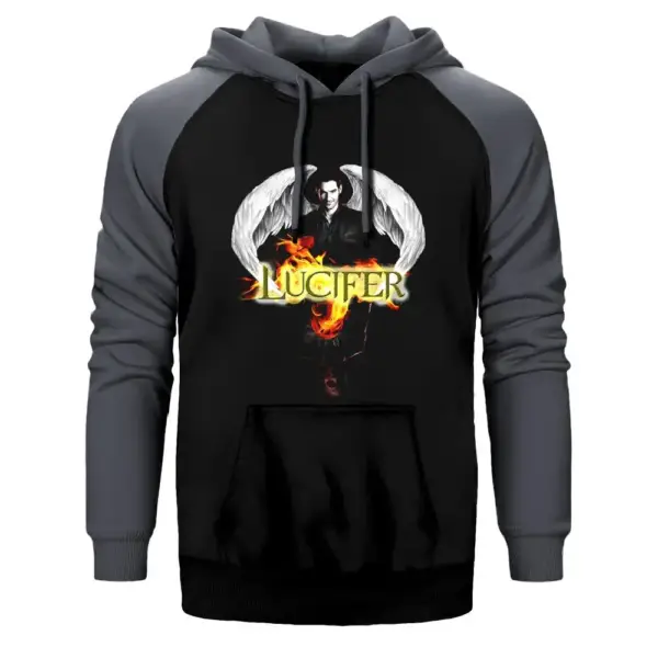 Lucifer Double Face Hoodie, Double Color Raglan Sleeve Gray Sweatshirt