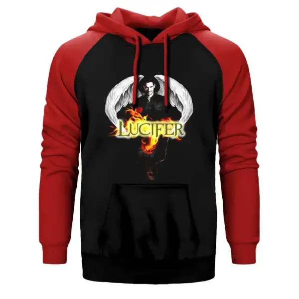 Lucifer Double Face Hoodie, Double Color Raglan Sleeve Red Sweatshirt