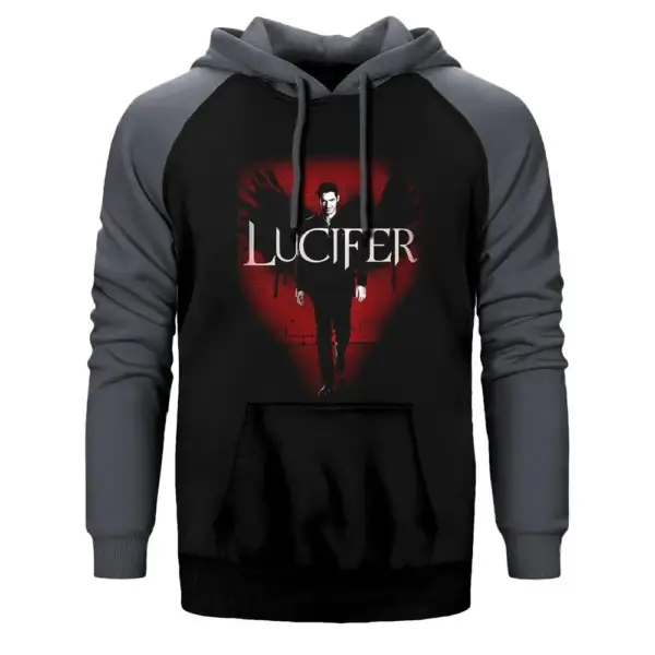 Lucifer Poster Hoodie, Double Color Raglan Sleeve Gray Sweatshirt