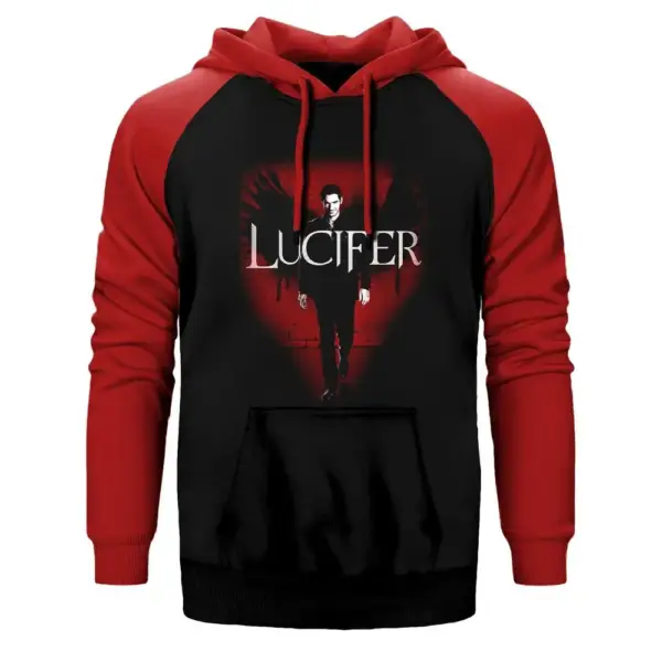 Lucifer Poster Hoodie, Double Color Raglan Sleeve Red Sweatshirt