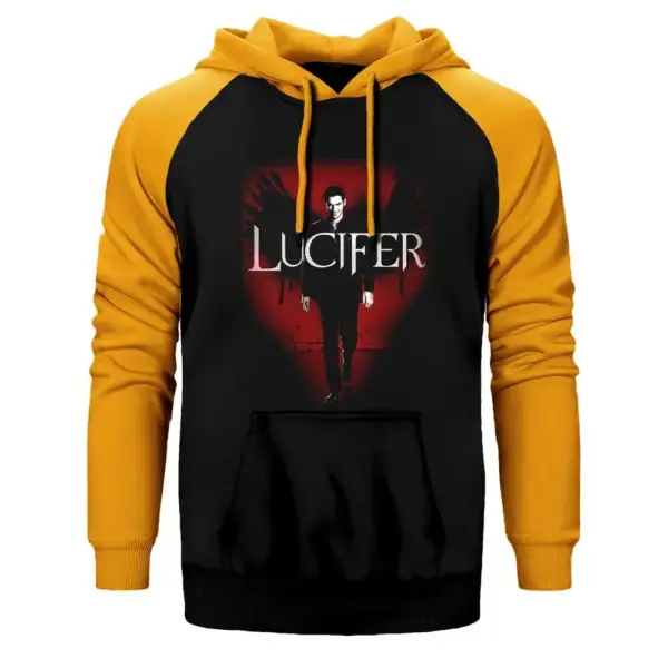 Lucifer Poster Hoodie, Double Color Raglan Sleeve Yellow Sweatshirt