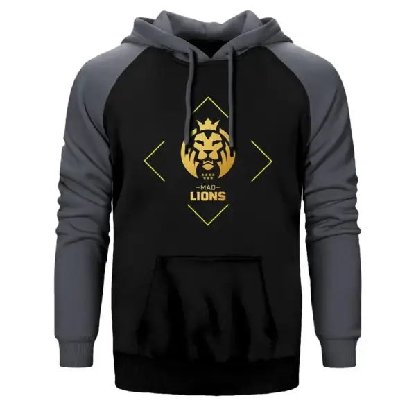 Mad Lions Line Hoodie, Double Color Raglan Sleeve Gray Sweatshirt