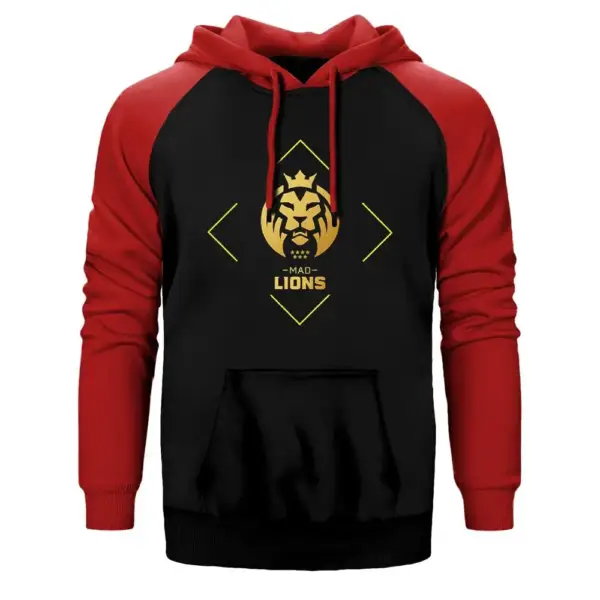 Mad Lions Line Hoodie, Double Color Raglan Sleeve Red Sweatshirt
