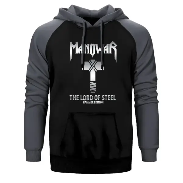 Manowar Hoodie, Double Color Raglan Sleeve Gray Sweatshirt