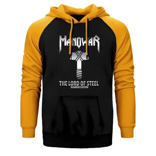 Manowar Hoodie, Double Color Raglan Sleeve Yellow Sweatshirt