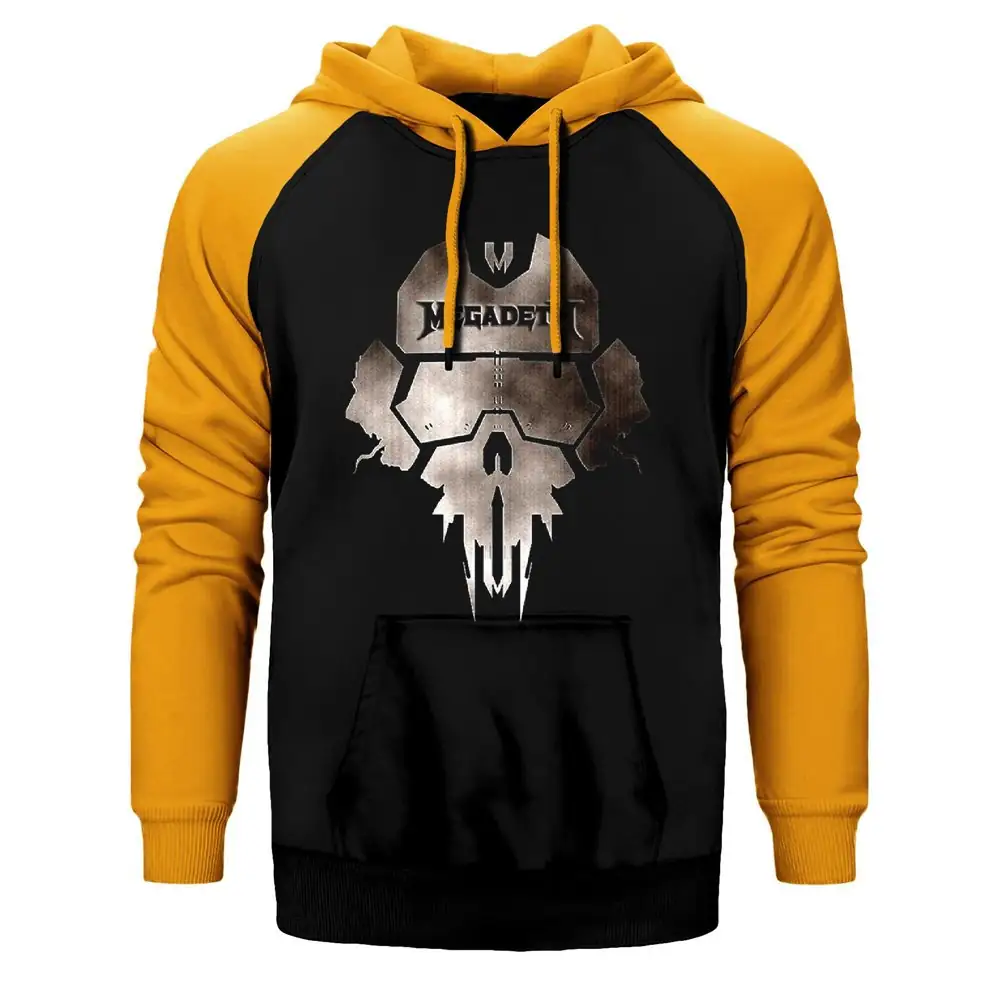 Megadeth Steel Skull Hoodie, Double Color Raglan Sleeve Yellow Sweatshirt