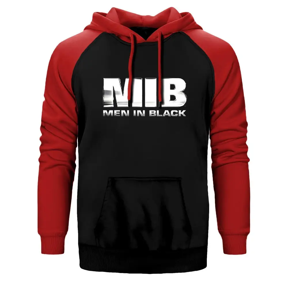 Men in Black Logo Hoodie, Double Color Raglan Sleeve Red Sweatshirt