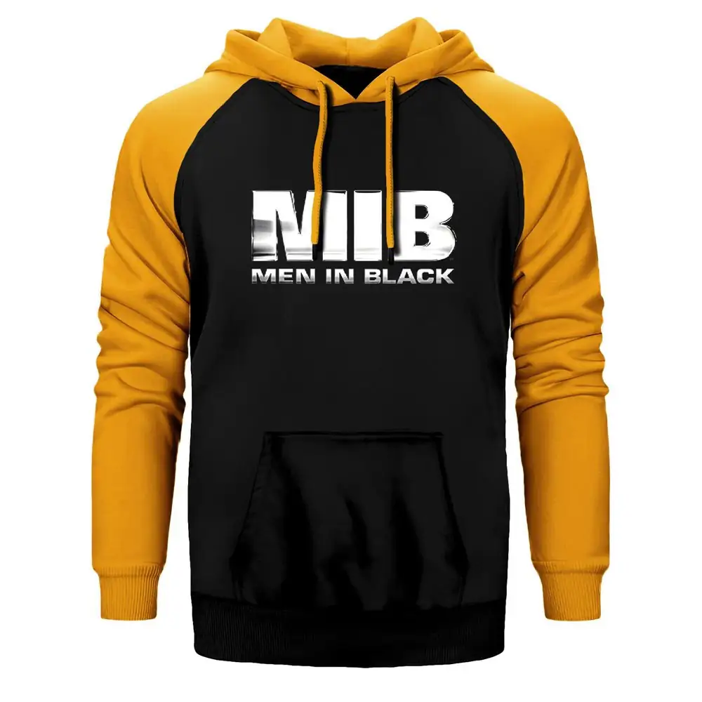 Men in Black Logo Hoodie, Double Color Raglan Sleeve Yellow Sweatshirt
