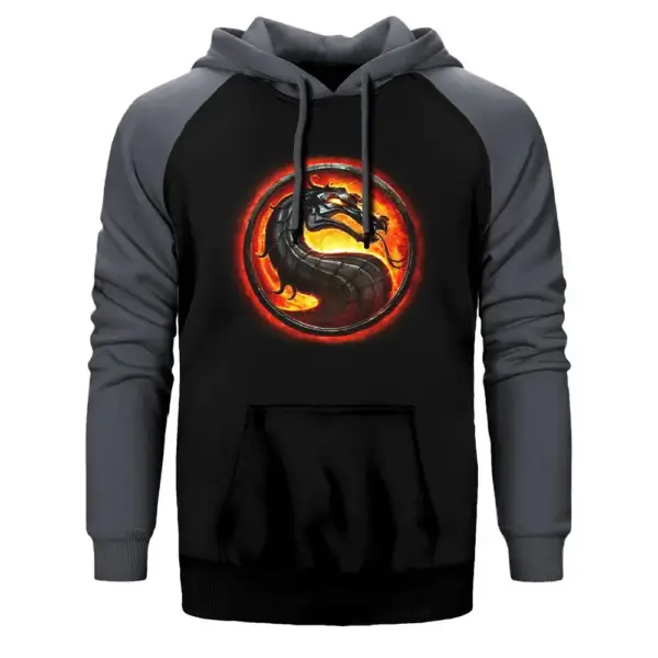 Mortal Kombat Logo Hoodie, Double Color Raglan Sleeve Gray Sweatshirt