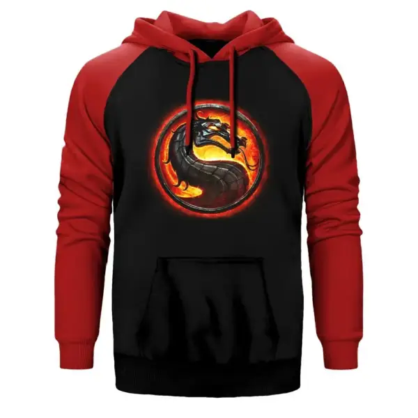 Mortal Kombat Logo Hoodie, Double Color Raglan Sleeve Red Sweatshirt