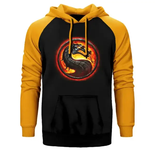 Mortal Kombat Logo Hoodie, Double Color Raglan Sleeve Yellow Sweatshirt
