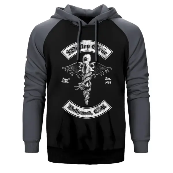 Mötley Crüe Hollywood Hoodie, Double Color Raglan Sleeve Gray Sweatshirt