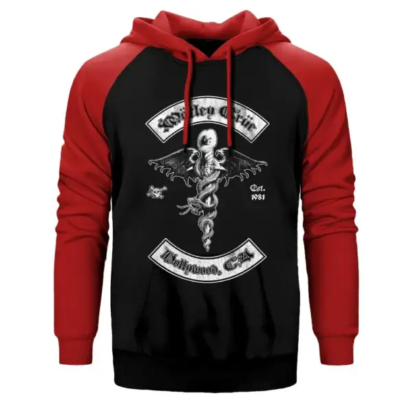 Mötley Crüe Hollywood Hoodie, Double Color Raglan Sleeve Red Sweatshirt