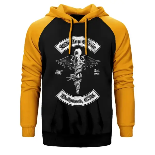 Mötley Crüe Hollywood Hoodie, Double Color Raglan Sleeve Yellow Sweatshirt