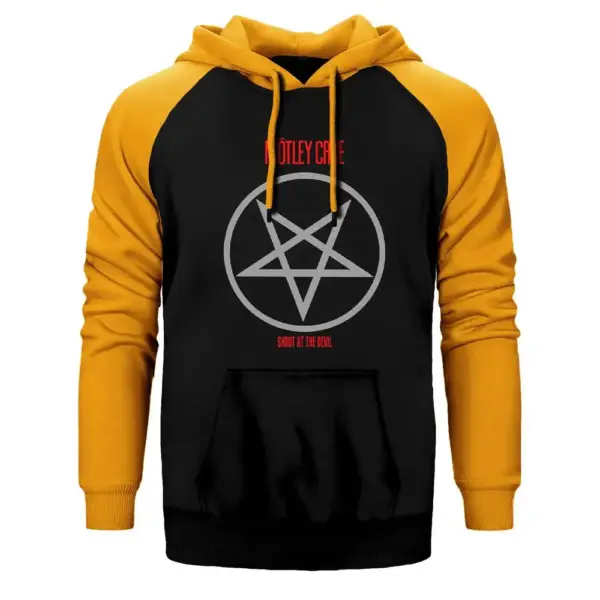 Mötley Crüe Shout At The Devil Hoodie, Double Color Raglan Sleeve Yellow Sweatshirt