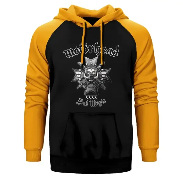 Motörhead Bad Magic Hoodie, Double Color Raglan Sleeve Yellow Sweatshirt