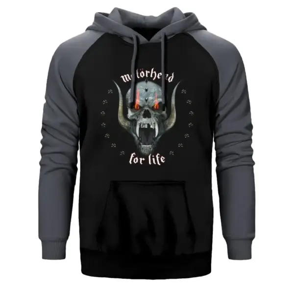 Motörhead Skull For Life Hoodie, Double Color Raglan Sleeve Gray Sweatshirt