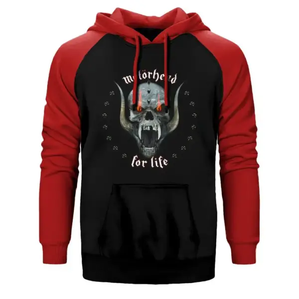 Motörhead Skull For Life Hoodie, Double Color Raglan Sleeve Red Sweatshirt