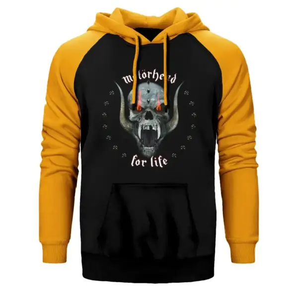 Motörhead Skull For Life Hoodie, Double Color Raglan Sleeve Yellow Sweatshirt