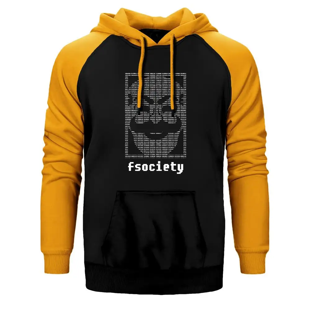 Mr Robot Fsociety Binary Hoodie, Double Color Raglan Sleeve Yellow Sweatshirt