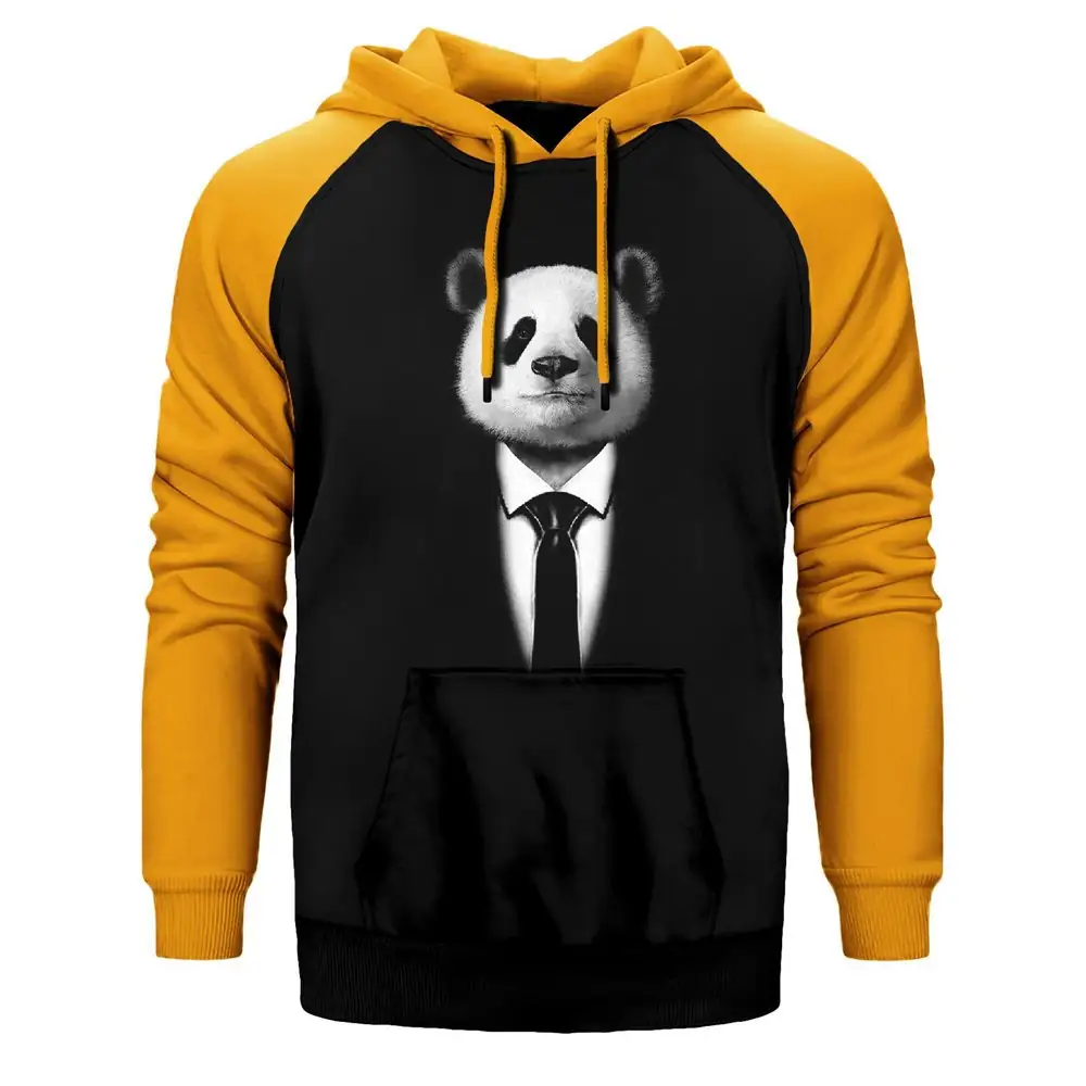 Mr. Panda Hoodie, Double Color Raglan Sleeve Yellow Sweatshirt