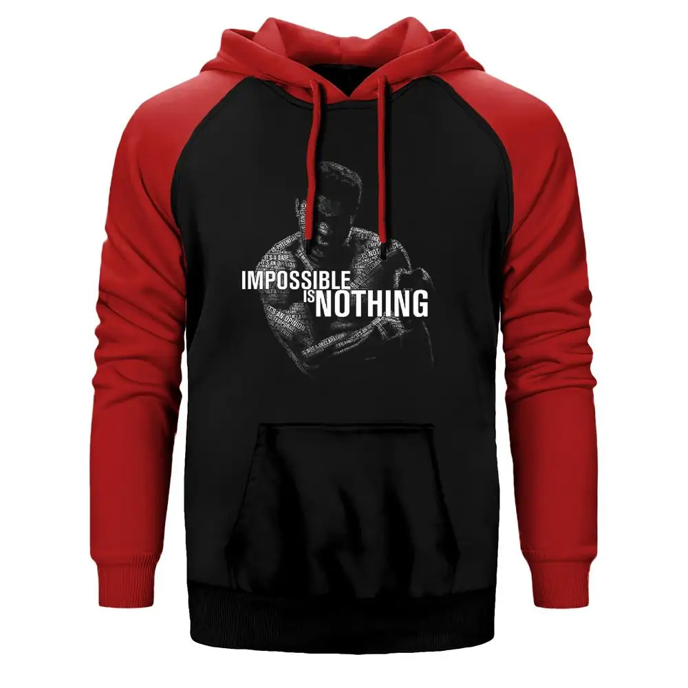 Muhammad Ali Impossible is Nothing Hoodie, Double Color Raglan Sleeve Red Sweatshirt