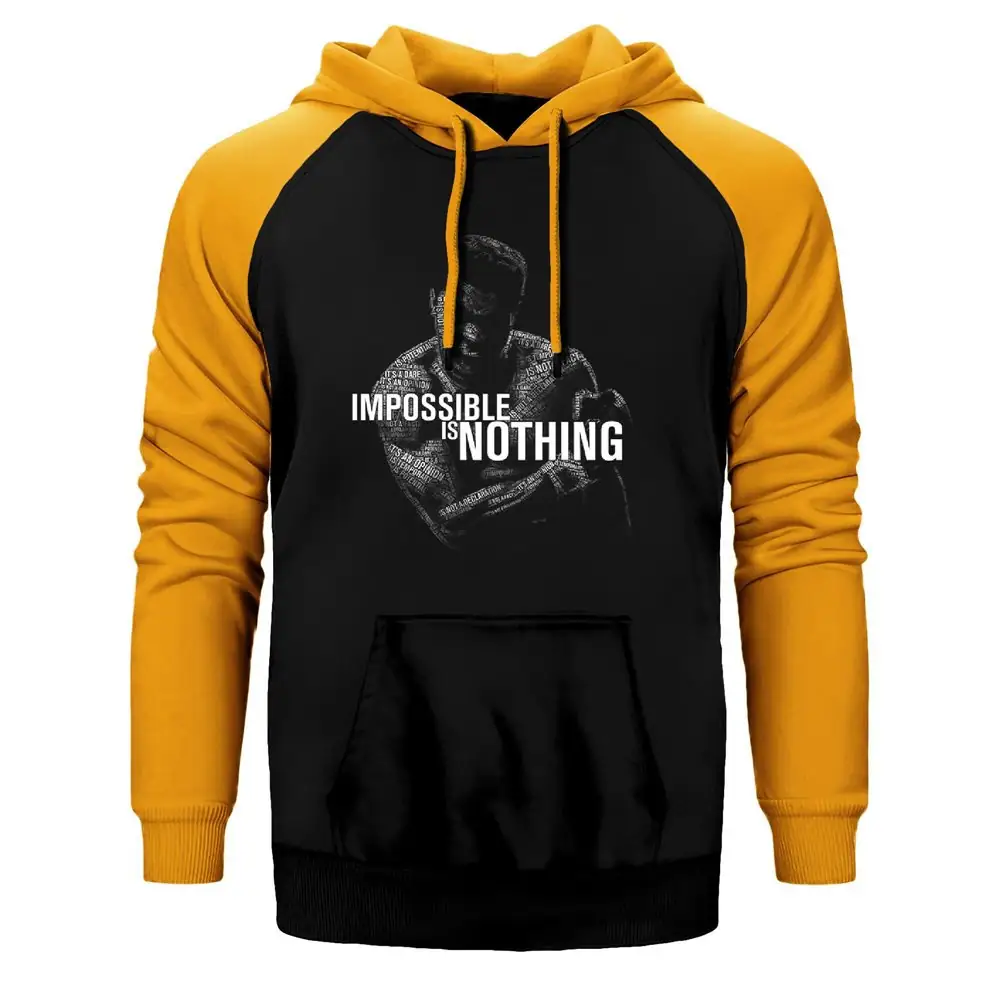 Muhammad Ali Impossible is Nothing Hoodie, Double Color Raglan Sleeve Yellow Sweatshirt
