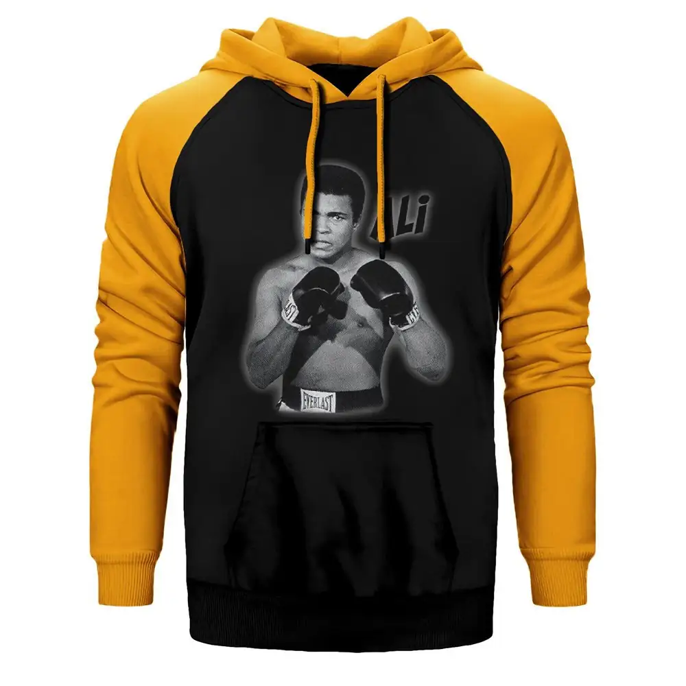 Muhammad Ali Poster Hoodie, Double Color Raglan Sleeve Yellow Sweatshirt