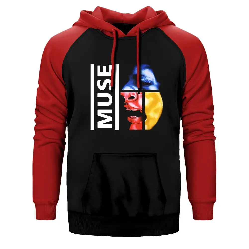 Muse 1998 Album Cover Hoodie, Double Color Raglan Sleeve Red Sweatshirt