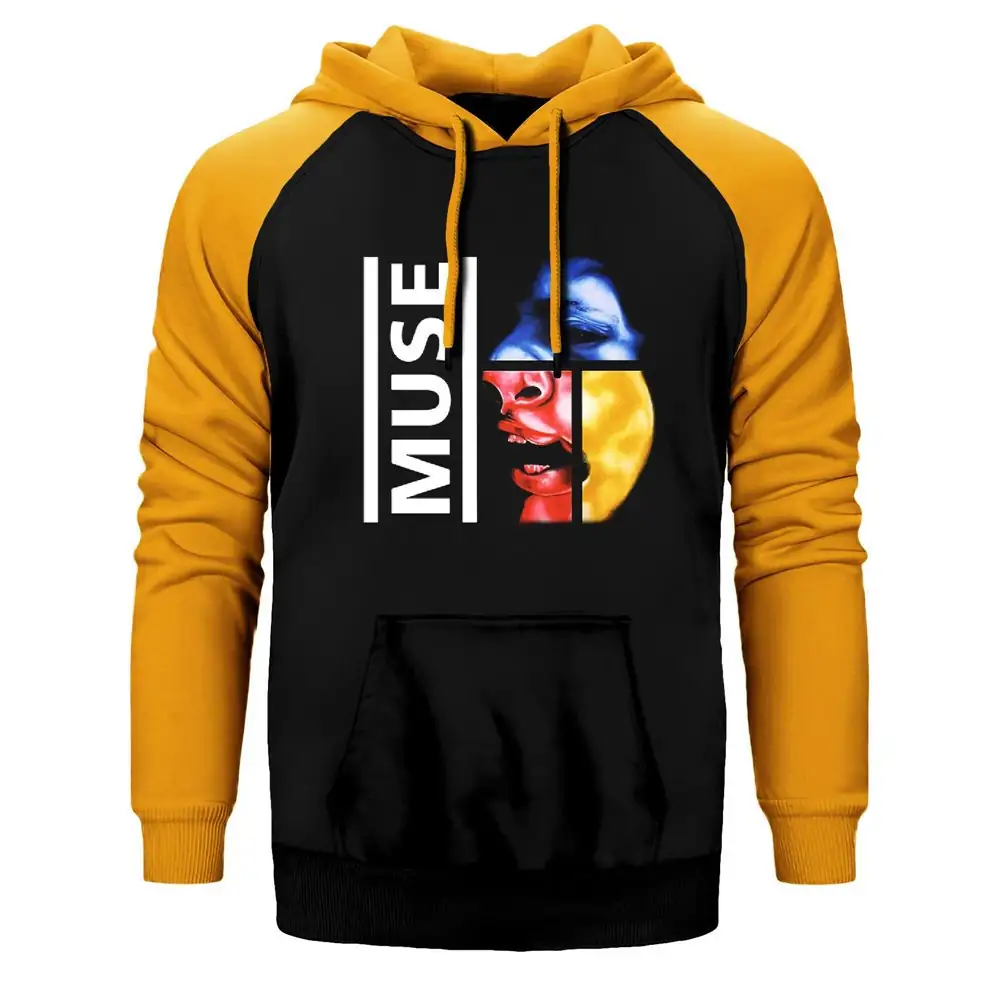 Muse 1998 Album Cover Hoodie, Double Color Raglan Sleeve Yellow Sweatshirt