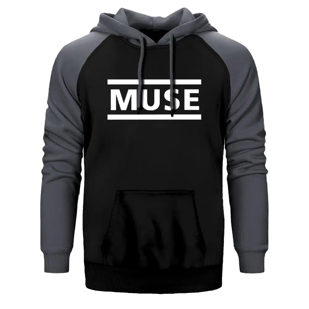 Muse Logo Hoodie, Double Color Raglan Sleeve Gray Sweatshirt