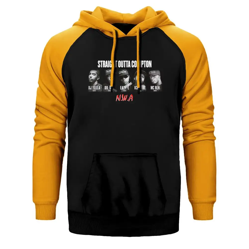 N.W.A Straight Outta Compton Hoodie, Double Color Raglan Sleeve Yellow Sweatshirt