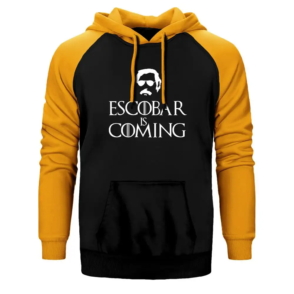 Narcos Pablo Escobar is Coming Hoodie, Double Color Raglan Sleeve Yellow Sweatshirt