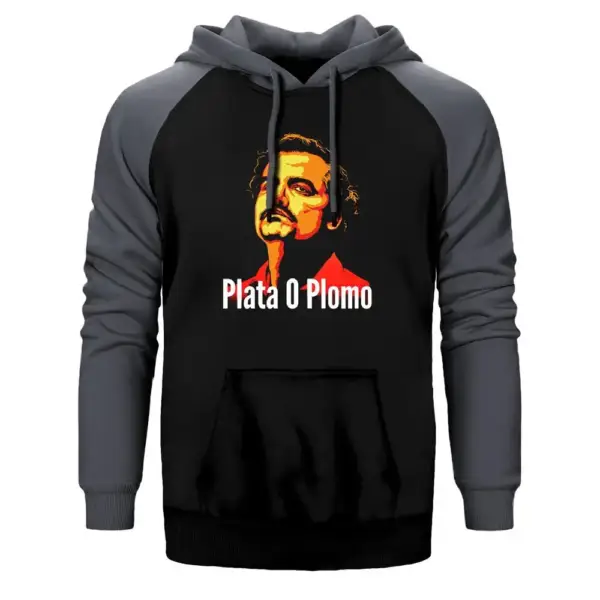 Narcos Plata O Plomo Hoodie, Double Color Raglan Sleeve Gray Sweatshirt