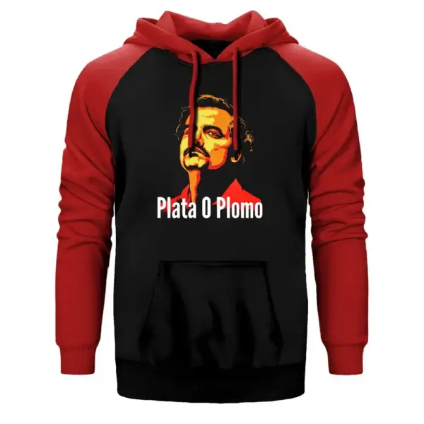 Narcos Plata O Plomo Hoodie, Double Color Raglan Sleeve Red Sweatshirt
