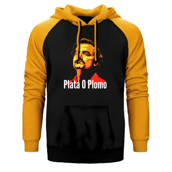 Narcos Plata O Plomo Hoodie, Double Color Raglan Sleeve Yellow Sweatshirt