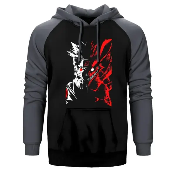 Naruto Fox Hoodie, Double Color Raglan Sleeve Gray Sweatshirt