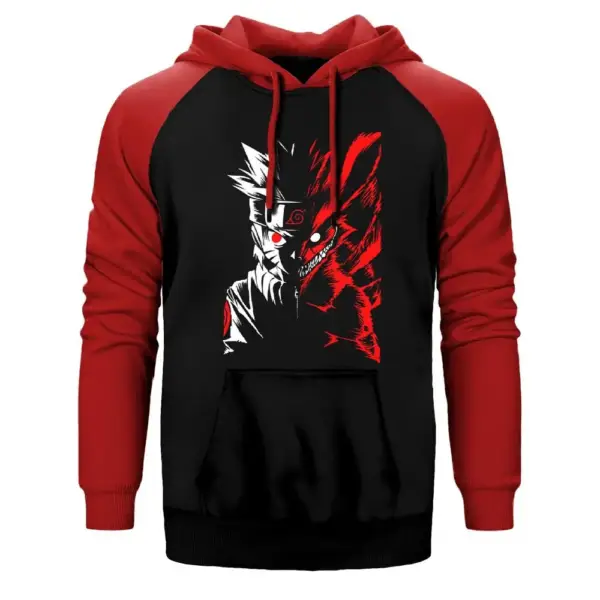 Naruto Fox Hoodie, Double Color Raglan Sleeve Red Sweatshirt