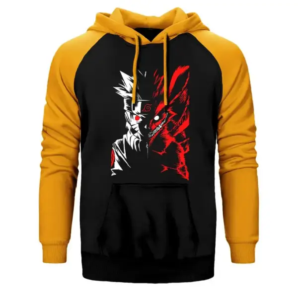 Naruto Fox Hoodie, Double Color Raglan Sleeve Yellow Sweatshirt