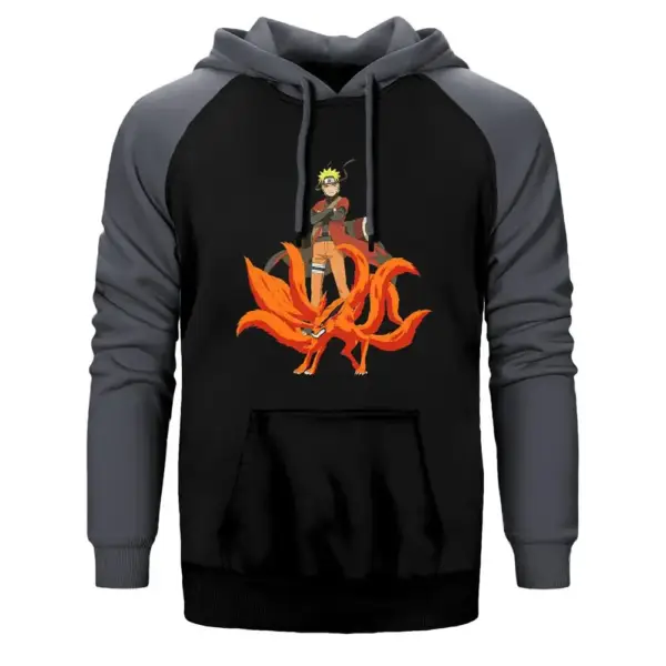 Naruto Kyuubi Hoodie, Double Color Raglan Sleeve Gray Sweatshirt