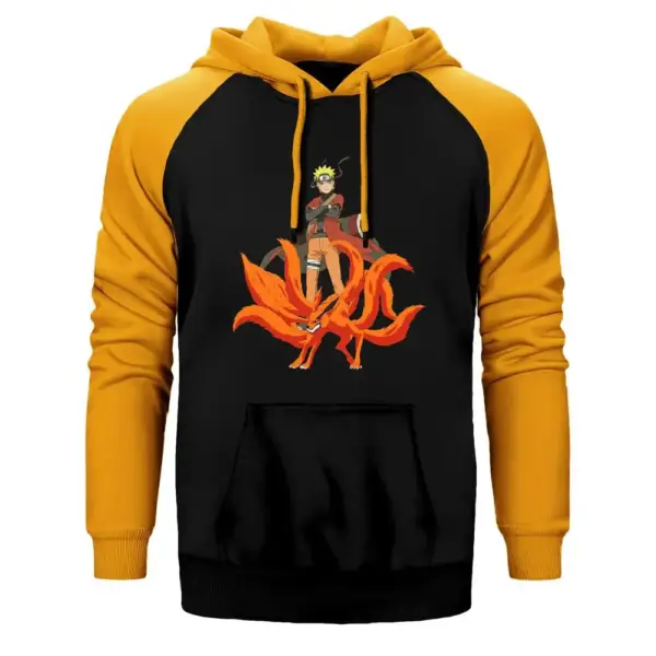 Naruto Kyuubi Hoodie, Double Color Raglan Sleeve Yellow Sweatshirt